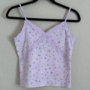 Y2K Babydoll Lace Trim XL Tank Ditsy Floral Purple Coquette Dainty Soft Girl